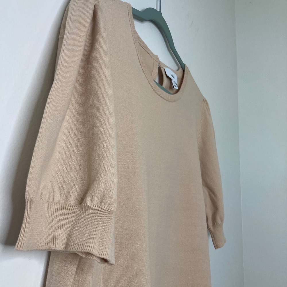 CeCe Puff Sleeve Pearl Keyhole Back Sweater Top Beige Tan L Coquette Office Chic - Picture 3 of 8
